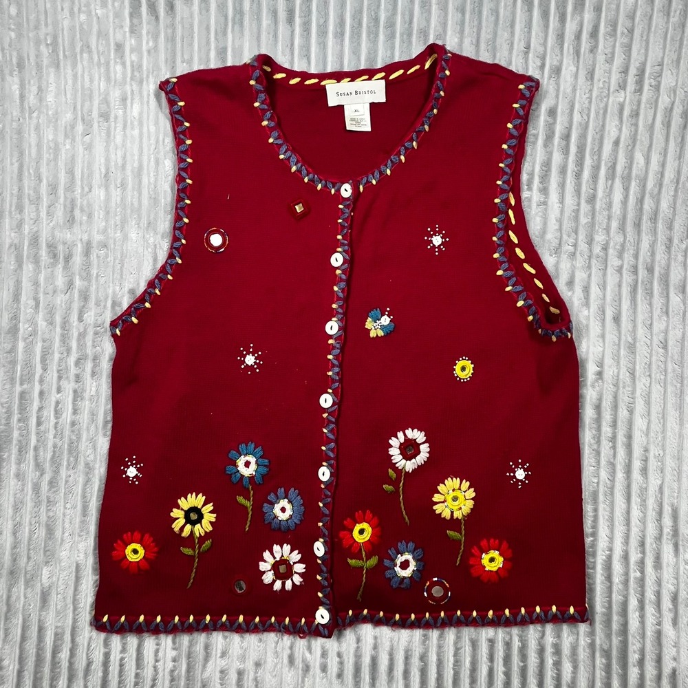 Susan Bristol Ugly Sweater Vest Women's XL Button Up Embroidered Spring Flowers